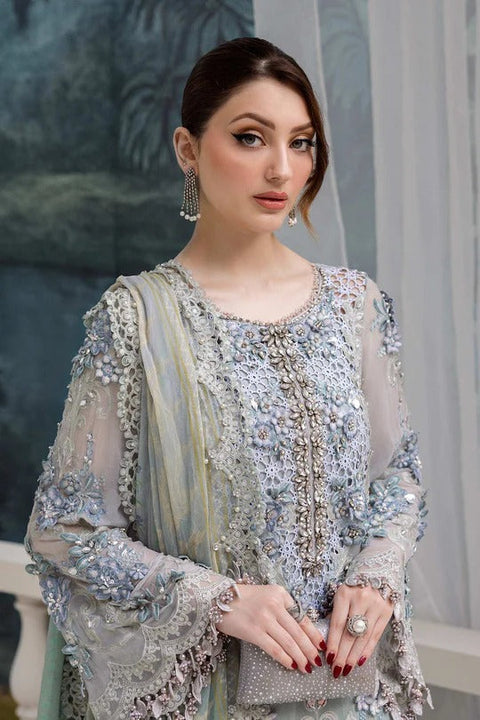Aqua Sea Green Embroidered Chiffon 3-Piece Suit