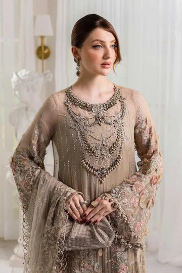 Coffee Embroidered Chiffon 3-Piece Suit