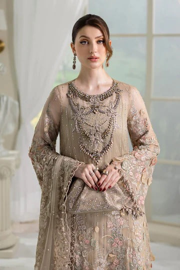 Coffee Embroidered Chiffon 3-Piece Suit