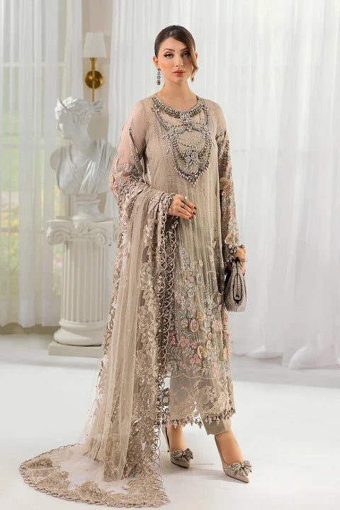 Coffee Embroidered Chiffon 3-Piece Suit