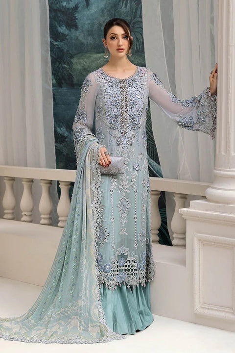 Aqua Sea Green Embroidered Chiffon 3-Piece Suit